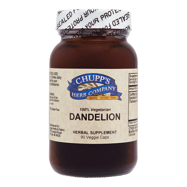 Chupp's Herb Company Dandelion 100% vegetarian herbal supplement bottle with 90 veggie capsules and organic gluten-free dandelion root formula.