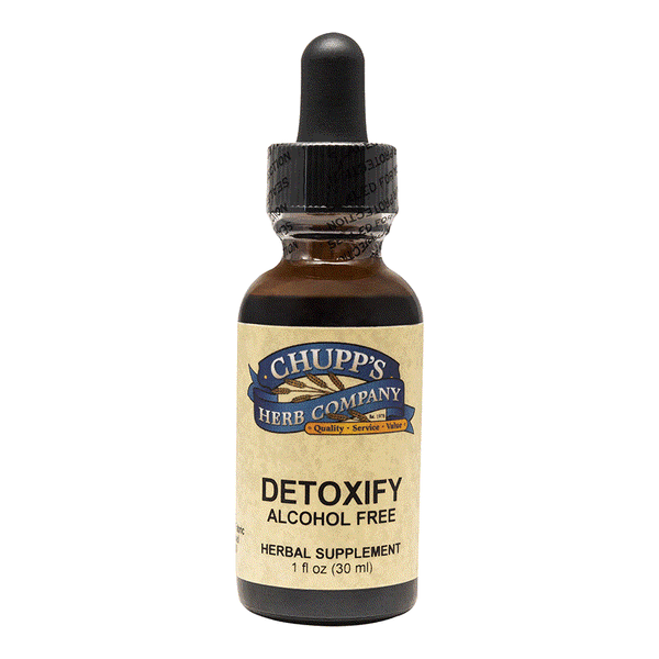 Bottle of Chupp's Herb Company Detoxify alcohol-free herbal supplement for full-body detox with burdock and ginger