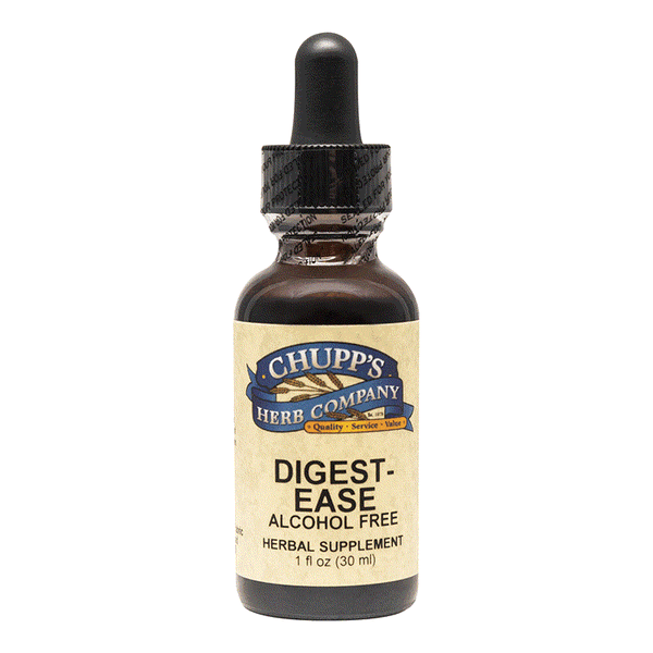Digest-Ease herbal supplement bottle by Chupp's Herb Company with alcohol-free formula containing fennel and ginger for enzyme support.