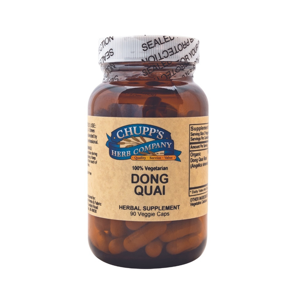 Bottle of Dong Quai supplement, 90 gluten-free caps, supports hormonal balance and offers antioxidant properties, Traditional Chinese Medicine.