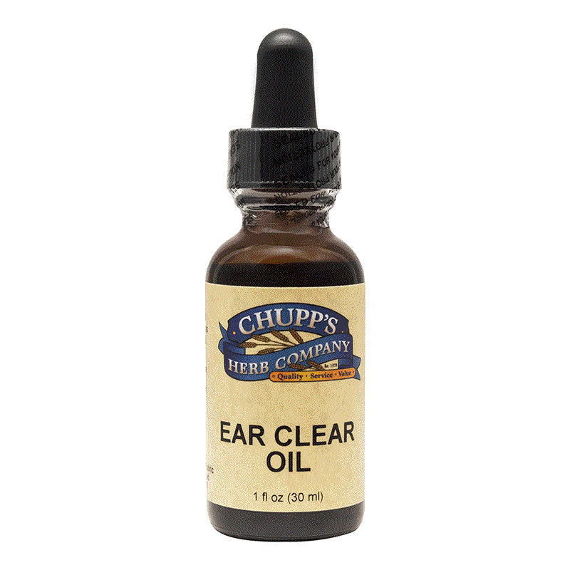 Ear Clear Oil 1 fl oz bottle by Chupp's Herb Company supports ear health with garlic and mullein for all ages.
