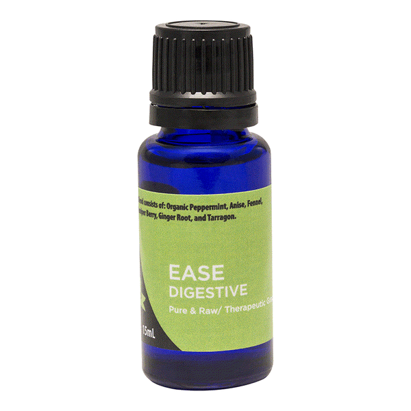 Blue essential oil bottle labeled Ease Digestive for soothing digestive upset and relieving gas and bloating