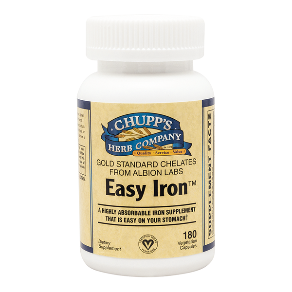 Bottle of Easy Iron highly absorbable iron supplement with B12 and folate, stomach-friendly formula, 180 vegetarian capsules