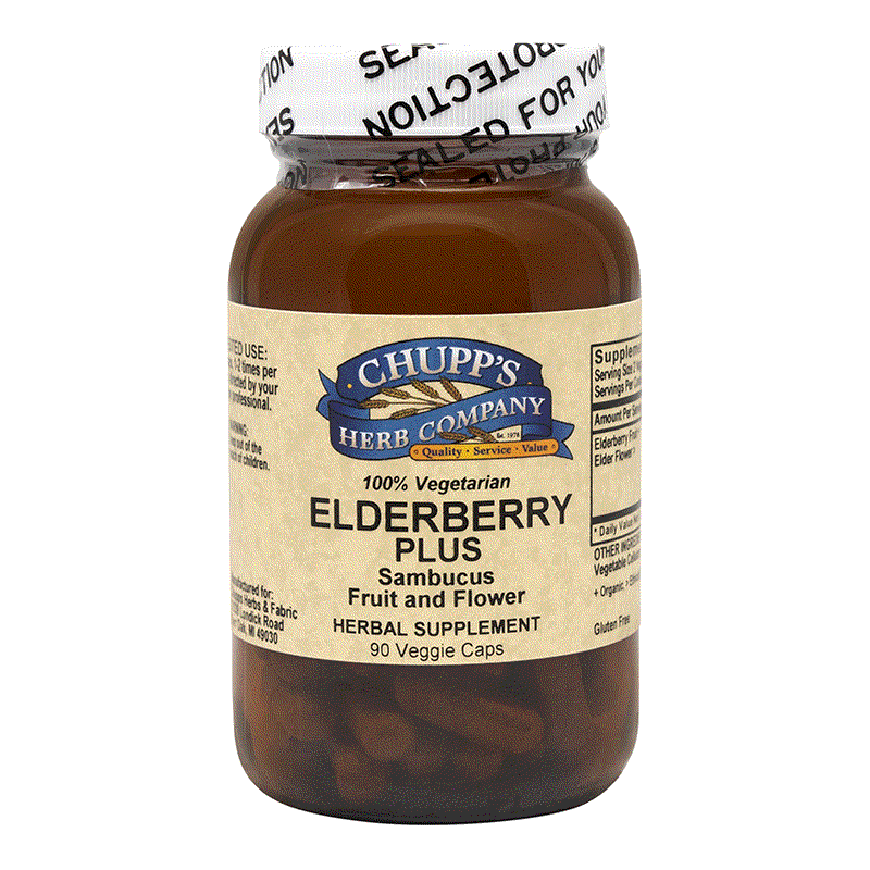 Chupp's Herb Company Elderberry Plus vegetarian herbal supplement with sambucus fruit and flower, gluten-free formula supporting flu recovery, 90 veggie capsules