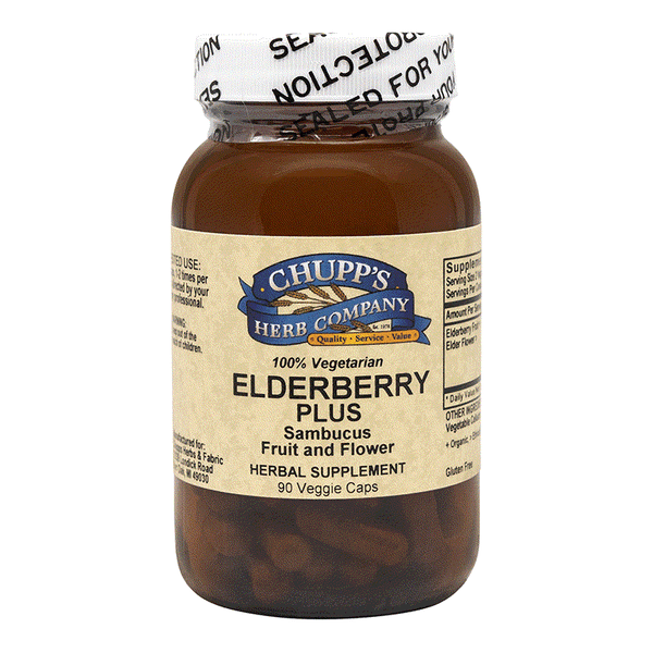 Chupp's Herb Company Elderberry Plus vegetarian herbal supplement with sambucus fruit and flower, gluten-free formula supporting flu recovery, 90 veggie capsules