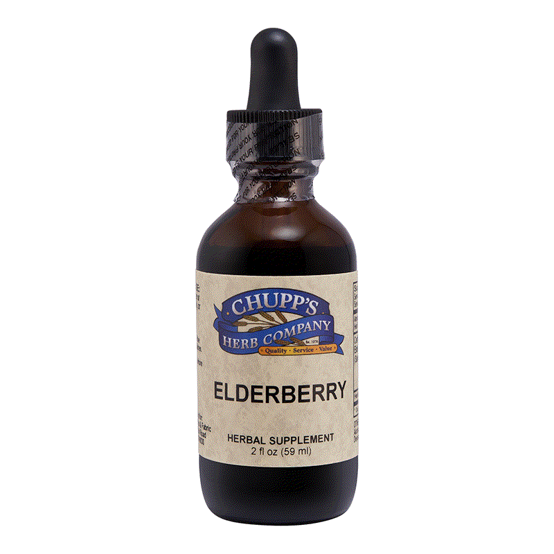Chupp's Herb Company Elderberry herbal supplement bottle with dropper for immune support and flu symptom relief, 2 fl oz