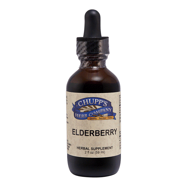 Chupp's Herb Company Elderberry herbal supplement bottle with dropper for immune support and flu symptom relief, 2 fl oz