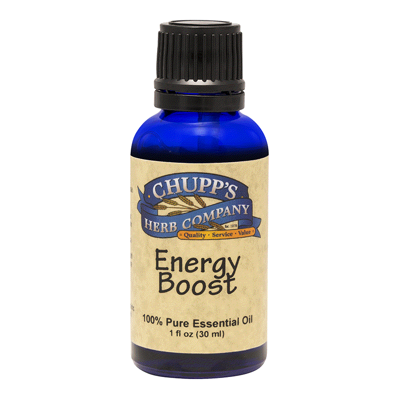 Chupp's Herb Company Energy Boost essential oil bottle for focus and mental clarity