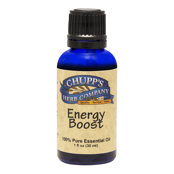Chupp's Herb Company Energy Boost essential oil bottle for focus and mental clarity