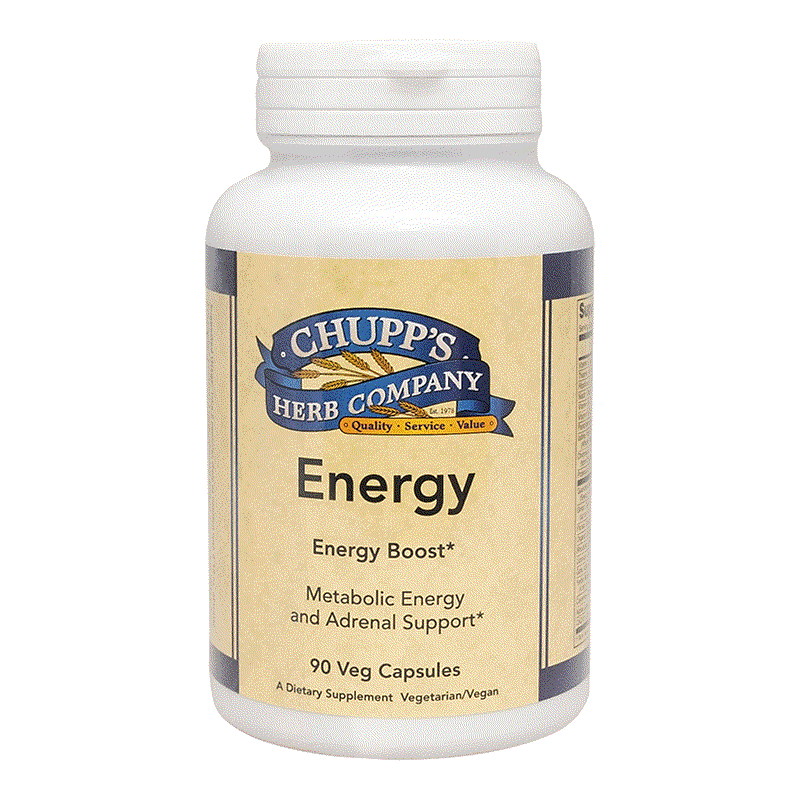 Chupp's Herb Company Energy supplement bottle with natural caffeine, B vitamins, yerba mate, 90 vegetarian capsules for energy boost and metabolic support