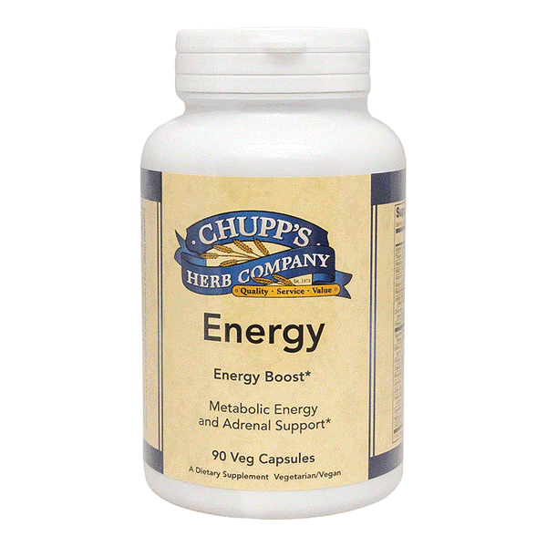 Chupp's Herb Company Energy supplement bottle with natural caffeine, B vitamins, yerba mate, 90 vegetarian capsules for energy boost and metabolic support