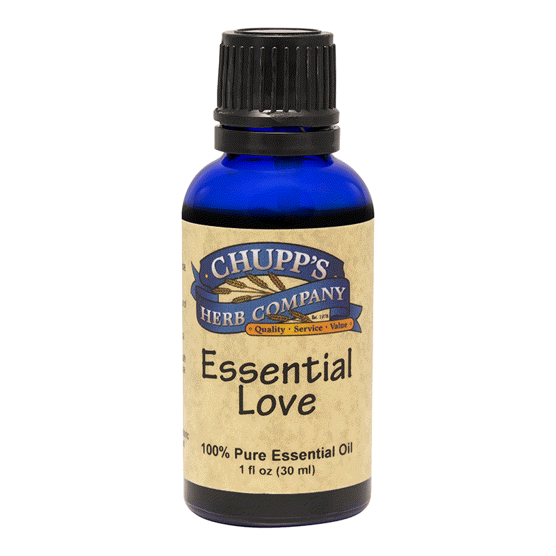 Bottle of Essential Love 100% pure essential oil by Chupp's Herb Company promoting restful sleep and soothing emotions with a floral aromatherapy blend.