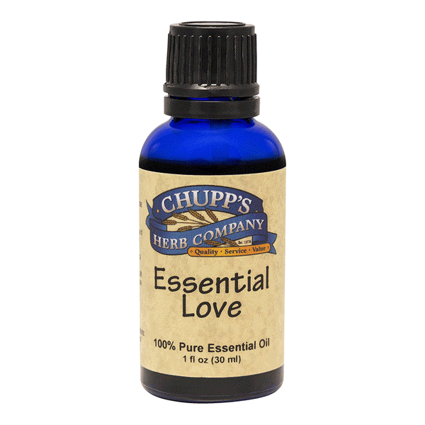 Bottle of Essential Love 100% pure essential oil by Chupp's Herb Company promoting restful sleep and soothing emotions with a floral aromatherapy blend.