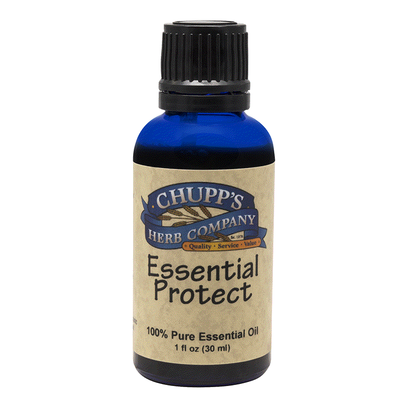 Chupp's Herb Company Essential Protect 100% pure essential oil in blue bottle for immune support and seasonal use