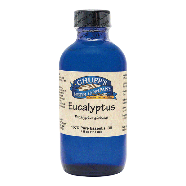 Blue bottle of Chupp's Herb Company 100% pure eucalyptus essential oil for easy breathing and steam inhalation