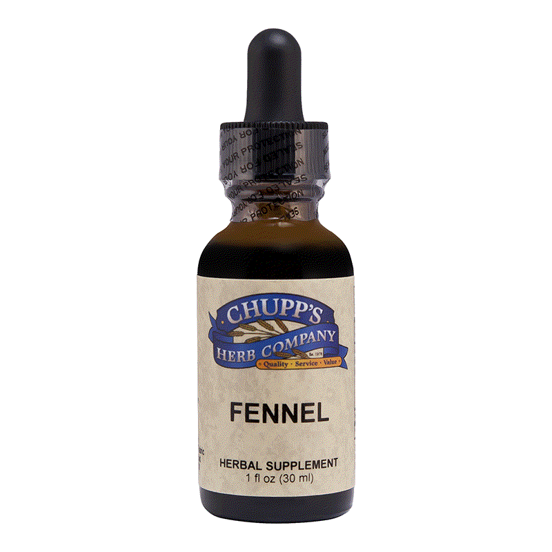 Bottle of Chupp's Herb Company Fennel herbal supplement with dropper cap