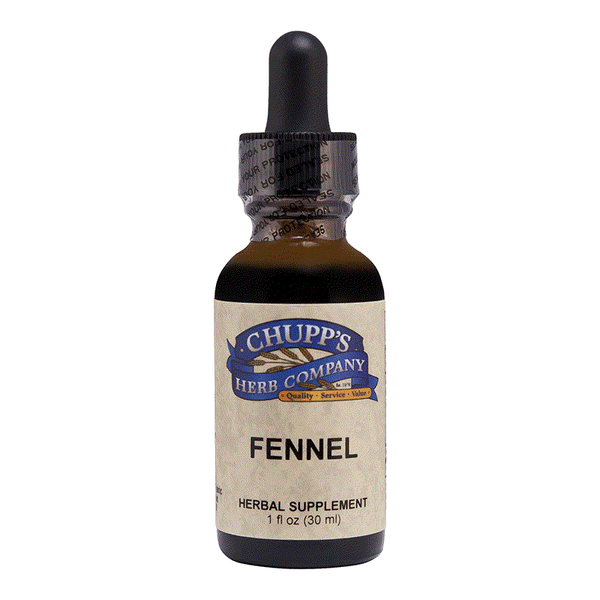 Bottle of Chupp's Herb Company Fennel herbal supplement with dropper cap