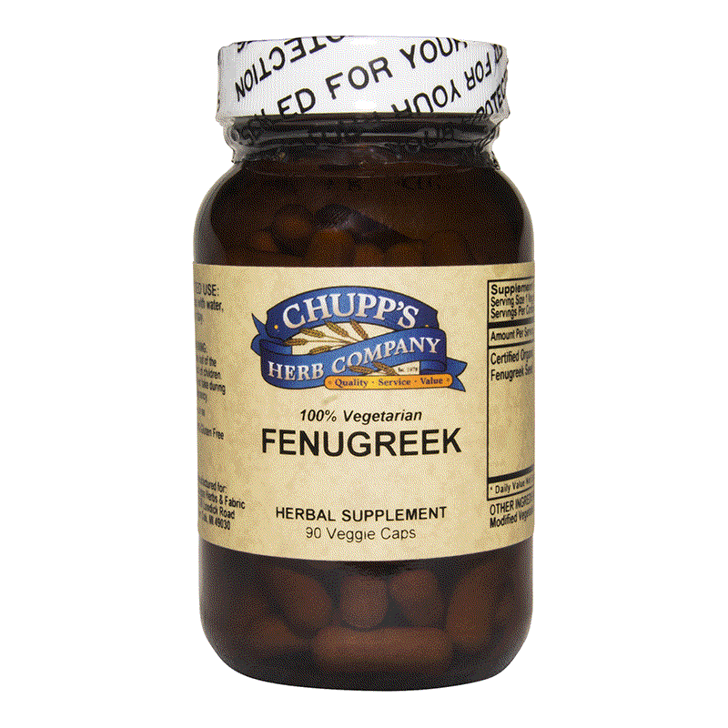 Chupp's Herb Company Fenugreek Seed herbal supplement bottle with 90 vegetarian capsules, 575 mg per serving, supports red blood cells, no sugar or starch.