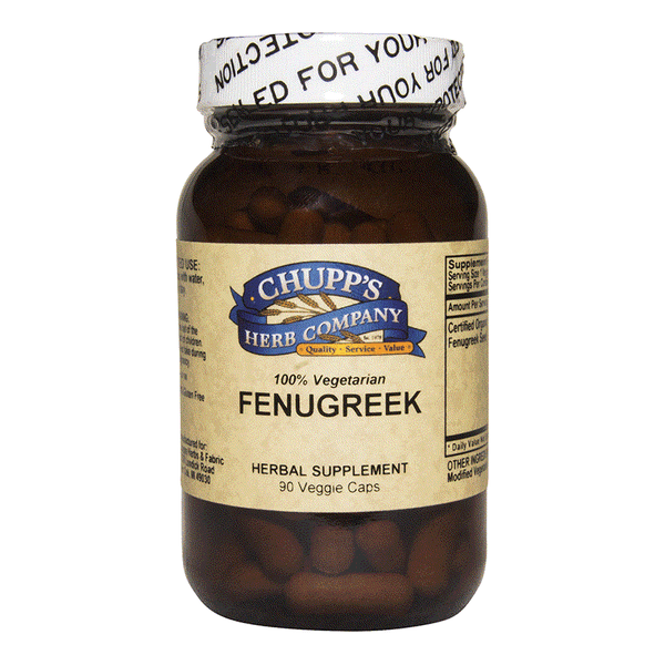 Chupp's Herb Company Fenugreek Seed herbal supplement bottle with 90 vegetarian capsules, 575 mg per serving, supports red blood cells, no sugar or starch.