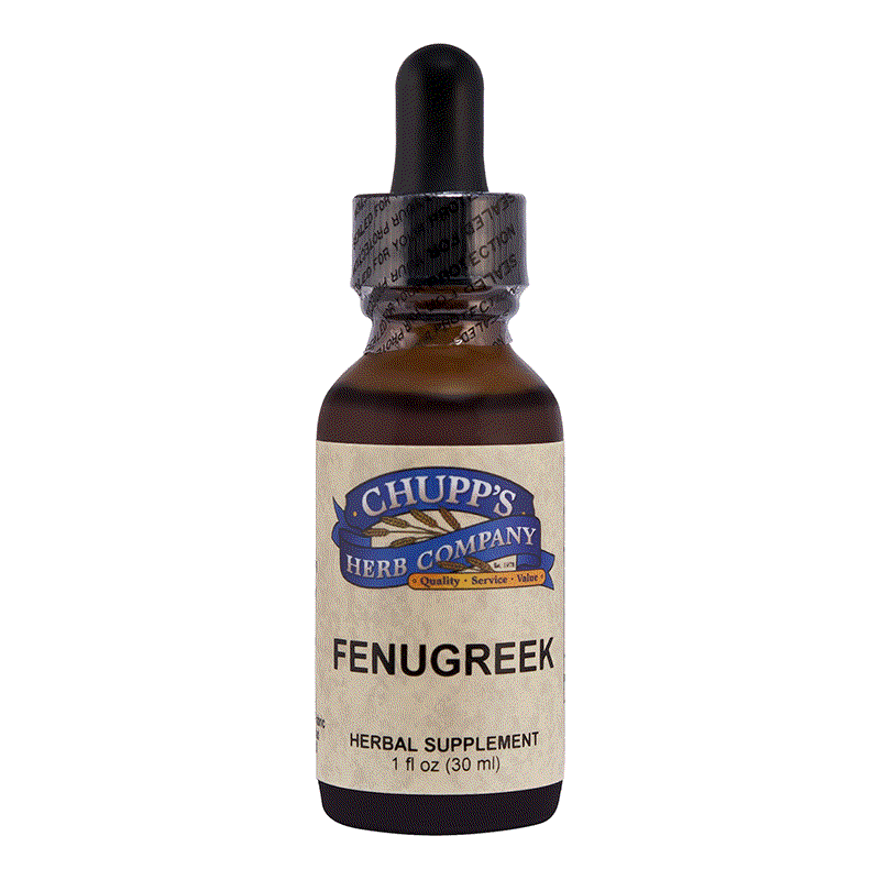 Chupp's Fenugreek herbal supplement bottle with dropper for respiratory support and organic seed extract