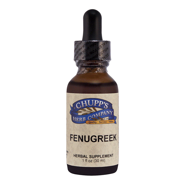 Chupp's Fenugreek herbal supplement bottle with dropper for respiratory support and organic seed extract