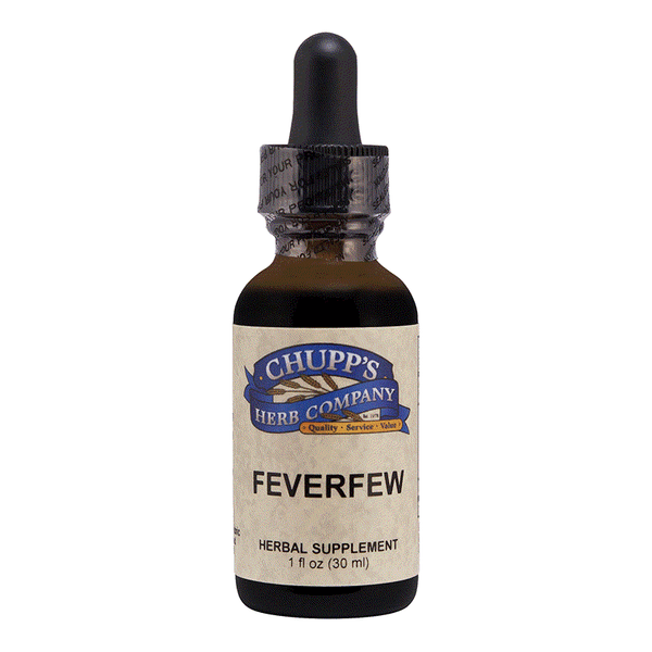 Feverfew herbal supplement dropper bottle for headache and migraine relief organic herb