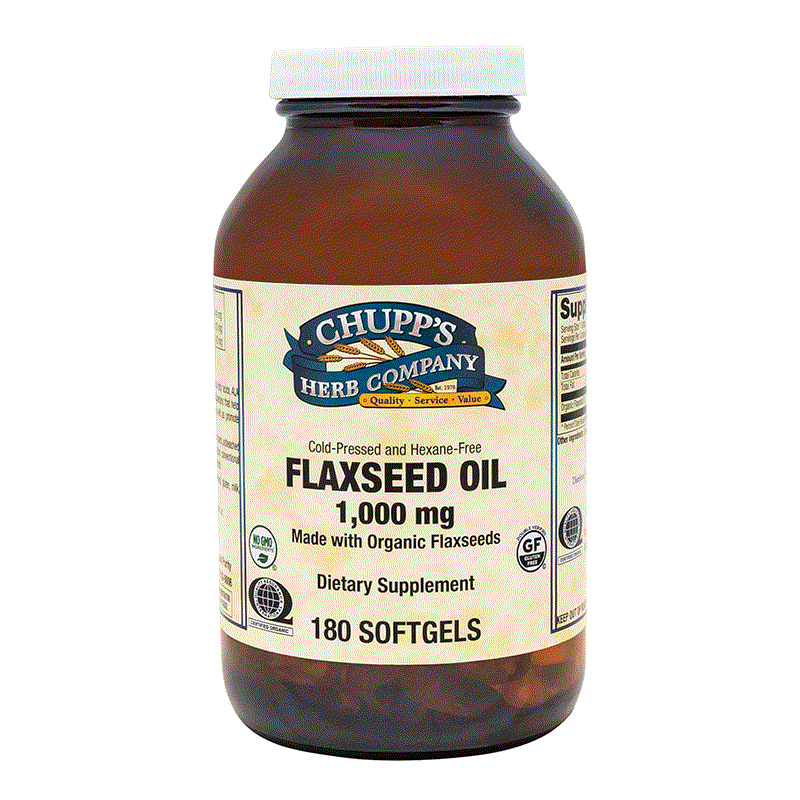 Bottle of Chupp's Herb Company Flaxseed Oil 1000 mg dietary supplement with 180 softgels for brain and heart support rich in fatty acids.