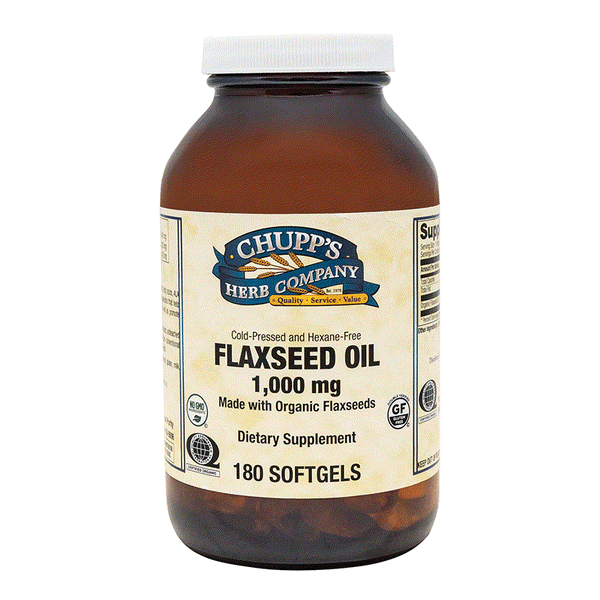 Bottle of Chupp's Herb Company Flaxseed Oil 1000 mg dietary supplement with 180 softgels for brain and heart support rich in fatty acids.