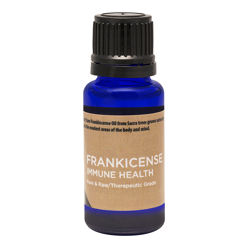 Blue bottle of 100% pure Frankincense essential oil for immune health, therapeutic grade, grown in Oman