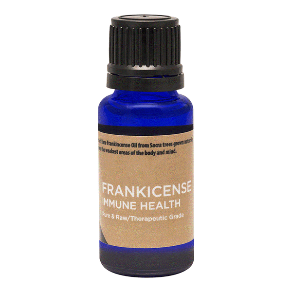 Blue bottle of 100% pure Frankincense essential oil for immune health, therapeutic grade, grown in Oman