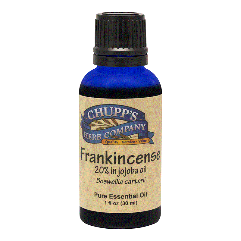Blue bottle of Frankincense essential oil with jojoba oil from Chupp's Herb Company for topical use