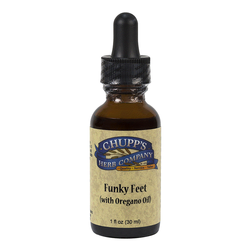 Funky Feet foot soak with oregano oil in 1 oz dropper bottle from Chupp's Herb Company