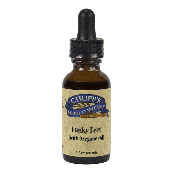 Funky Feet foot soak with oregano oil in 1 oz dropper bottle from Chupp's Herb Company