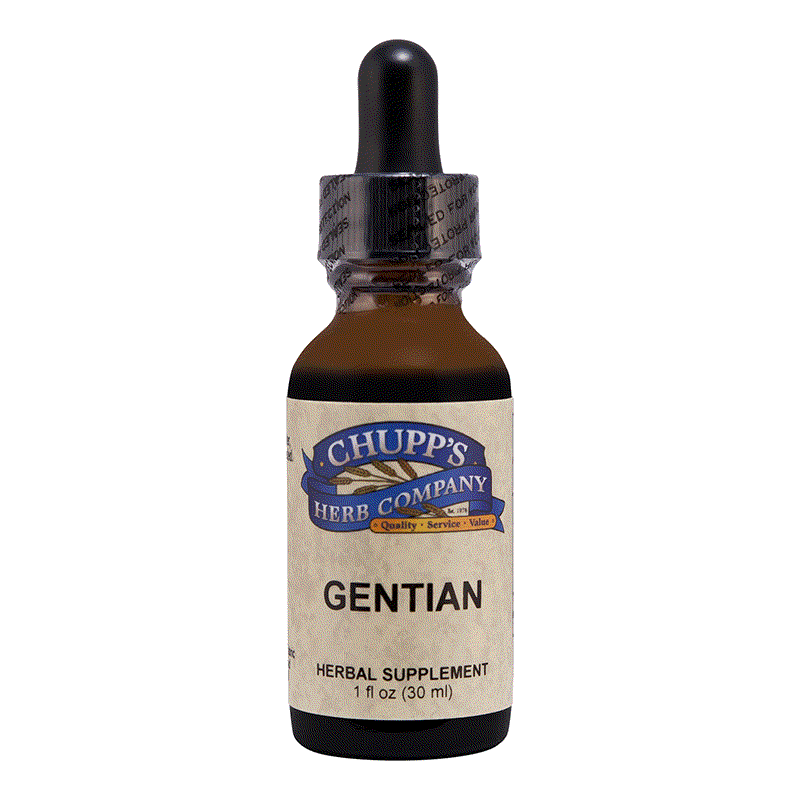 Brown glass dropper bottle of Chupp's Gentian herbal supplement supporting digestion and bile production