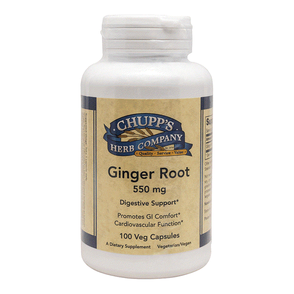 Chupp's Herb Company Ginger Root 550 mg capsules for digestive support and GI comfort, 100 vegetarian capsules