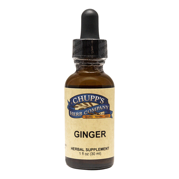 Bottle of Chupp's Herb Company ginger herbal supplement with dropper featuring organic fresh ginger root for circulation and digestion support