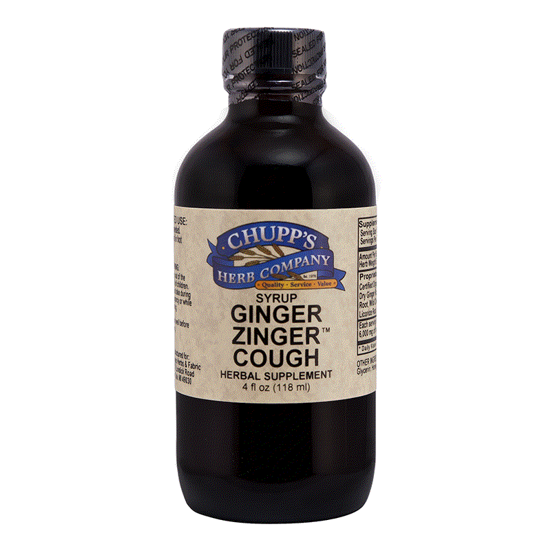 Chupp's Herb Company Ginger Zinger Cough syrup herbal supplement with ginger root, safe for children, 4 oz bottle