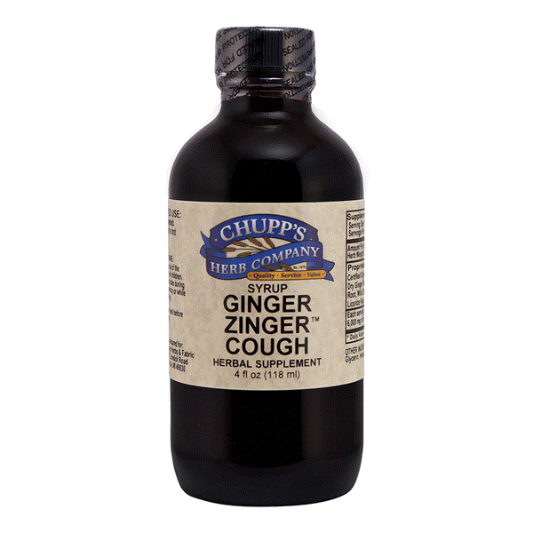 Chupp's Herb Company Ginger Zinger Cough syrup herbal supplement with ginger root, safe for children, 4 oz bottle