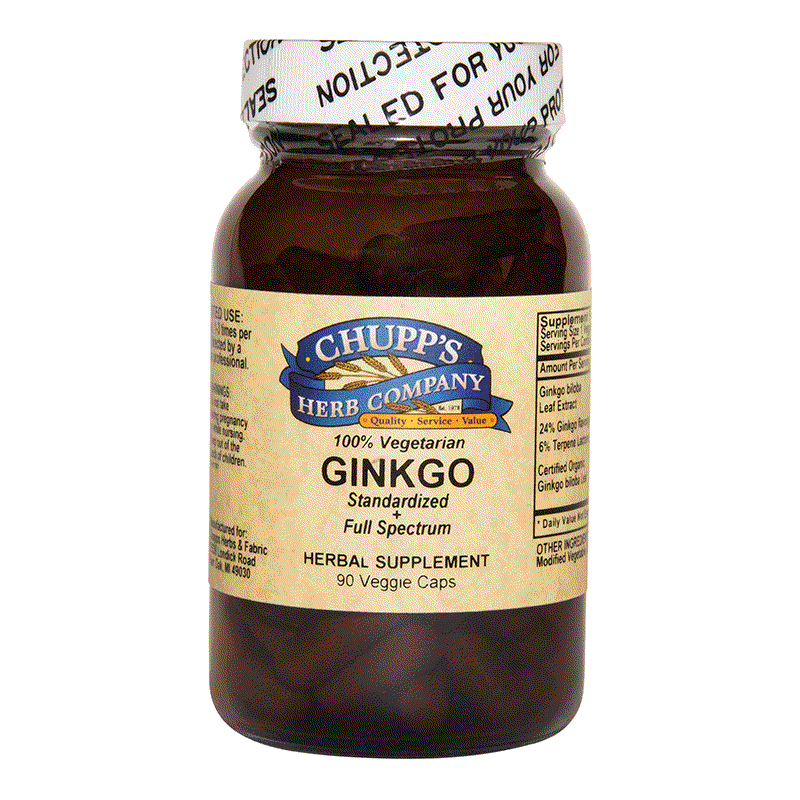 Chupp's Herb Company Ginkgo Biloba herbal supplement bottle with 90 vegetarian capsules supporting brain circulation and standardized extract