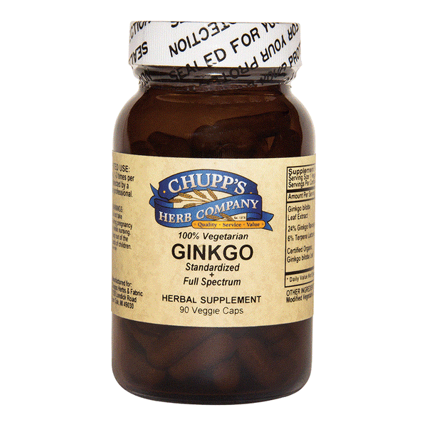 Chupp's Herb Company Ginkgo Biloba herbal supplement bottle with 90 vegetarian capsules supporting brain circulation and standardized extract