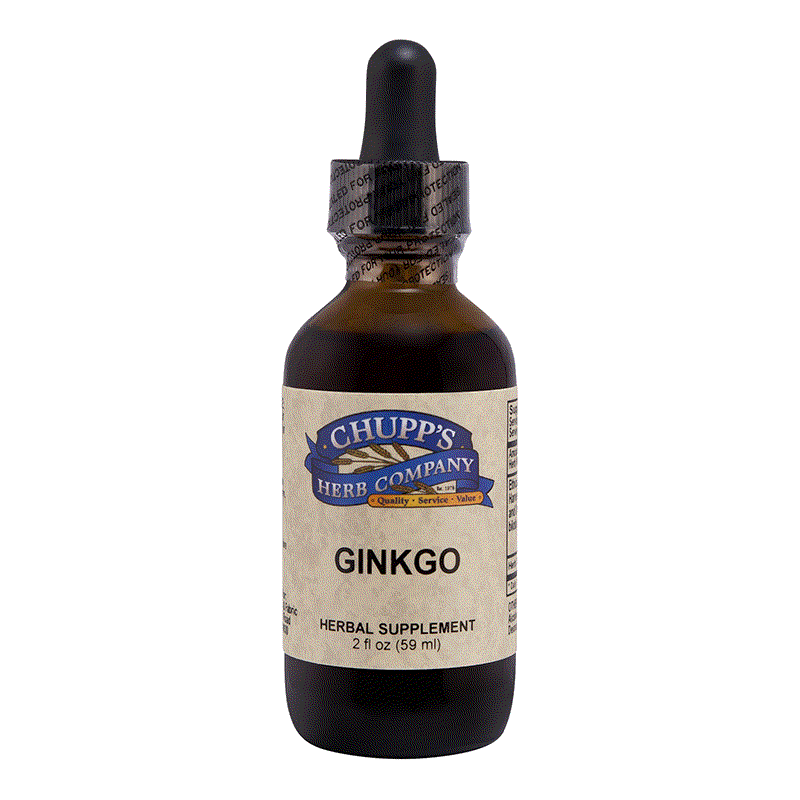 Ginkgo liquid herbal supplement bottle by Chupp's Herb Company, 467 mg per serving, supports memory and focus, alcohol-free formula.