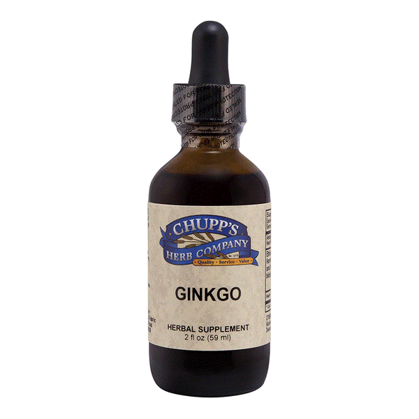 Ginkgo liquid herbal supplement bottle by Chupp's Herb Company, 467 mg per serving, supports memory and focus, alcohol-free formula.
