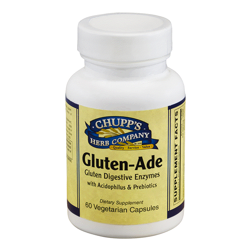 Gluten-Ade digestive enzyme supplement bottle with 60 vegetarian capsules supporting gluten tolerance and digestion