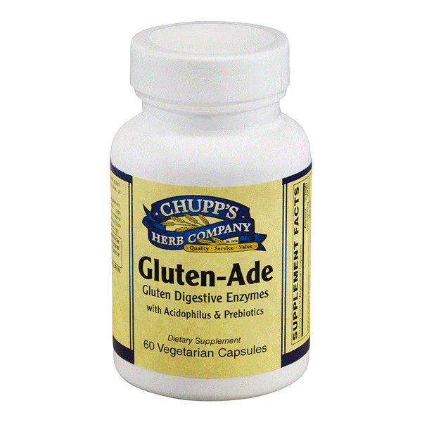Gluten-Ade digestive enzyme supplement bottle with 60 vegetarian capsules supporting gluten tolerance and digestion