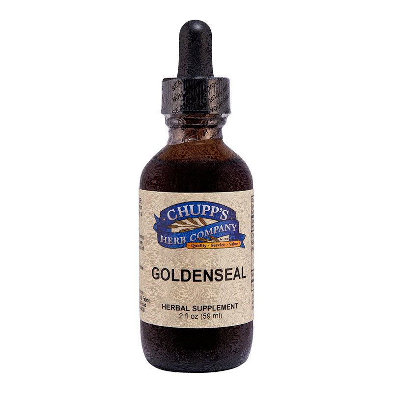 Chupp's Herb Company Goldenseal Liquid herbal supplement bottle with dropper for sinus and immune support.