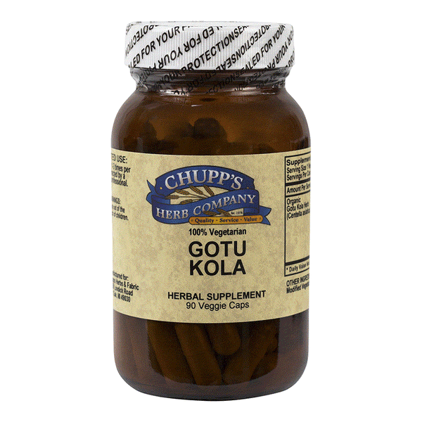 Chupp's Herb Company Gotu Kola 100% vegetarian herbal supplement bottle with 90 veggie capsules