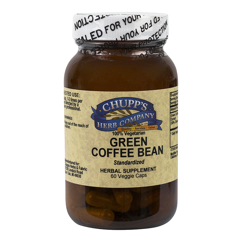 Chupp's Herb Company Green Coffee Bean herbal supplement bottle with 60 veggie capsules supporting weight goals and containing 500 mg per capsule.