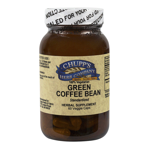 Chupp's Herb Company Green Coffee Bean herbal supplement bottle with 60 veggie capsules supporting weight goals and containing 500 mg per capsule.