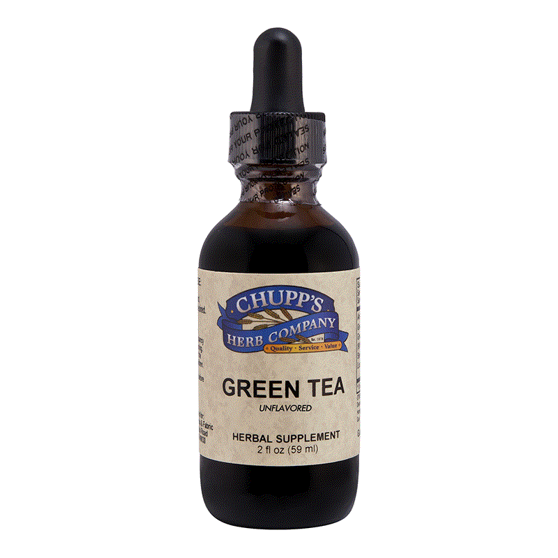 Bottle of alcohol-free green tea liquid herbal supplement with dropper and stevia extract