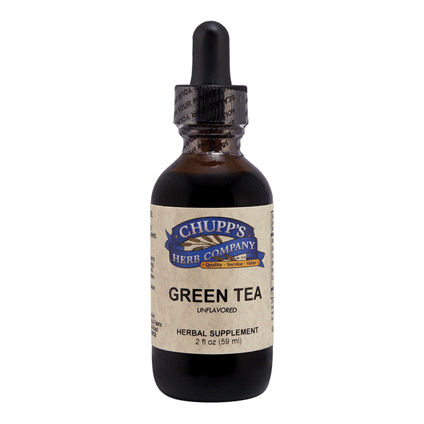 Bottle of alcohol-free green tea liquid herbal supplement with dropper and stevia extract